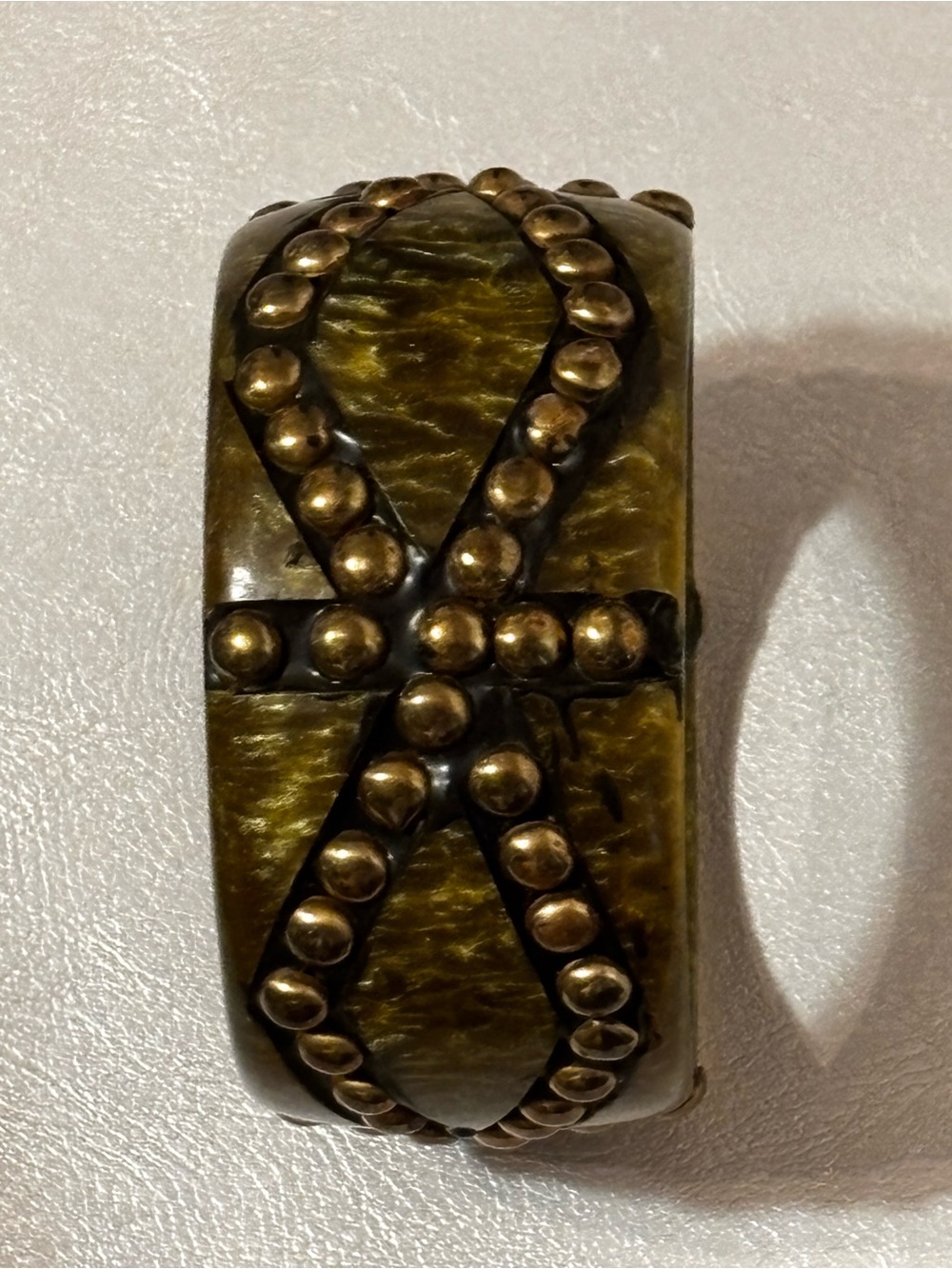 Vintage Olive Green Bakelite Bangle with Brass Stud Detailing